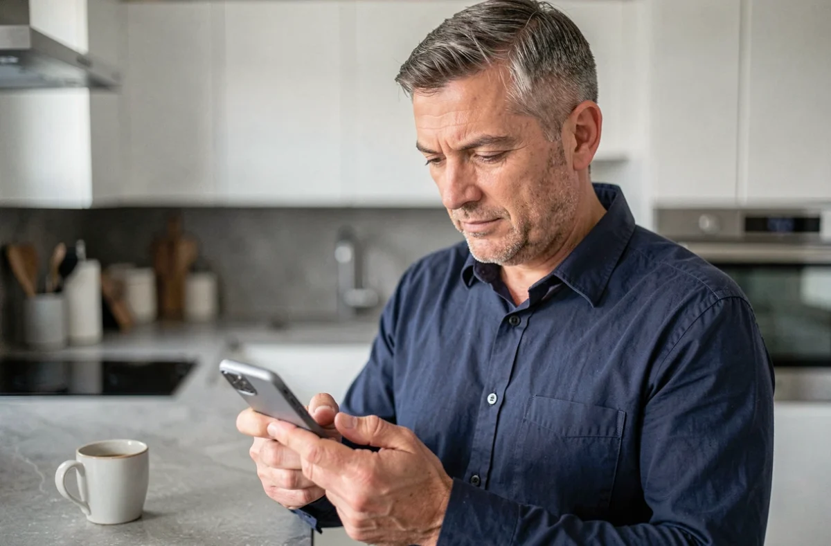 Homme consultant son smartphone avec attention dans une cuisine moderne, illustration des bonnes pratiques numériques
