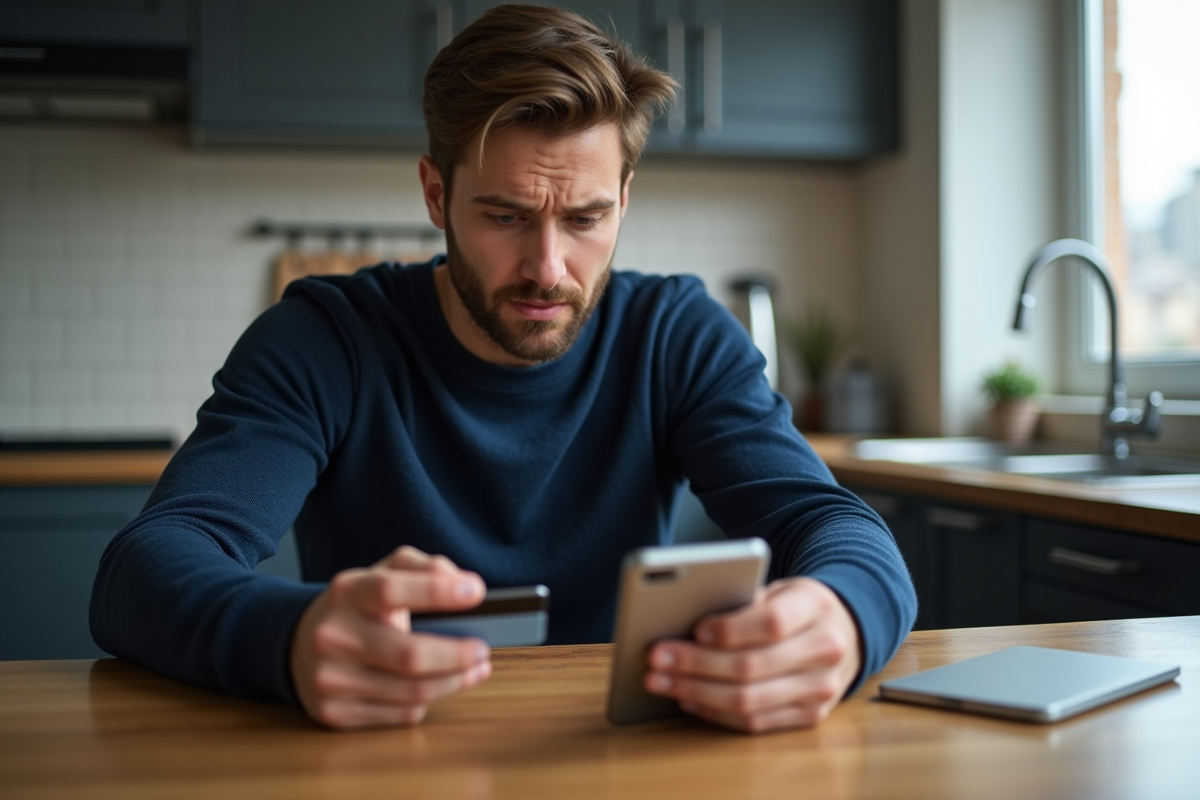 Homme pensif avec smartphone et carte bancaire