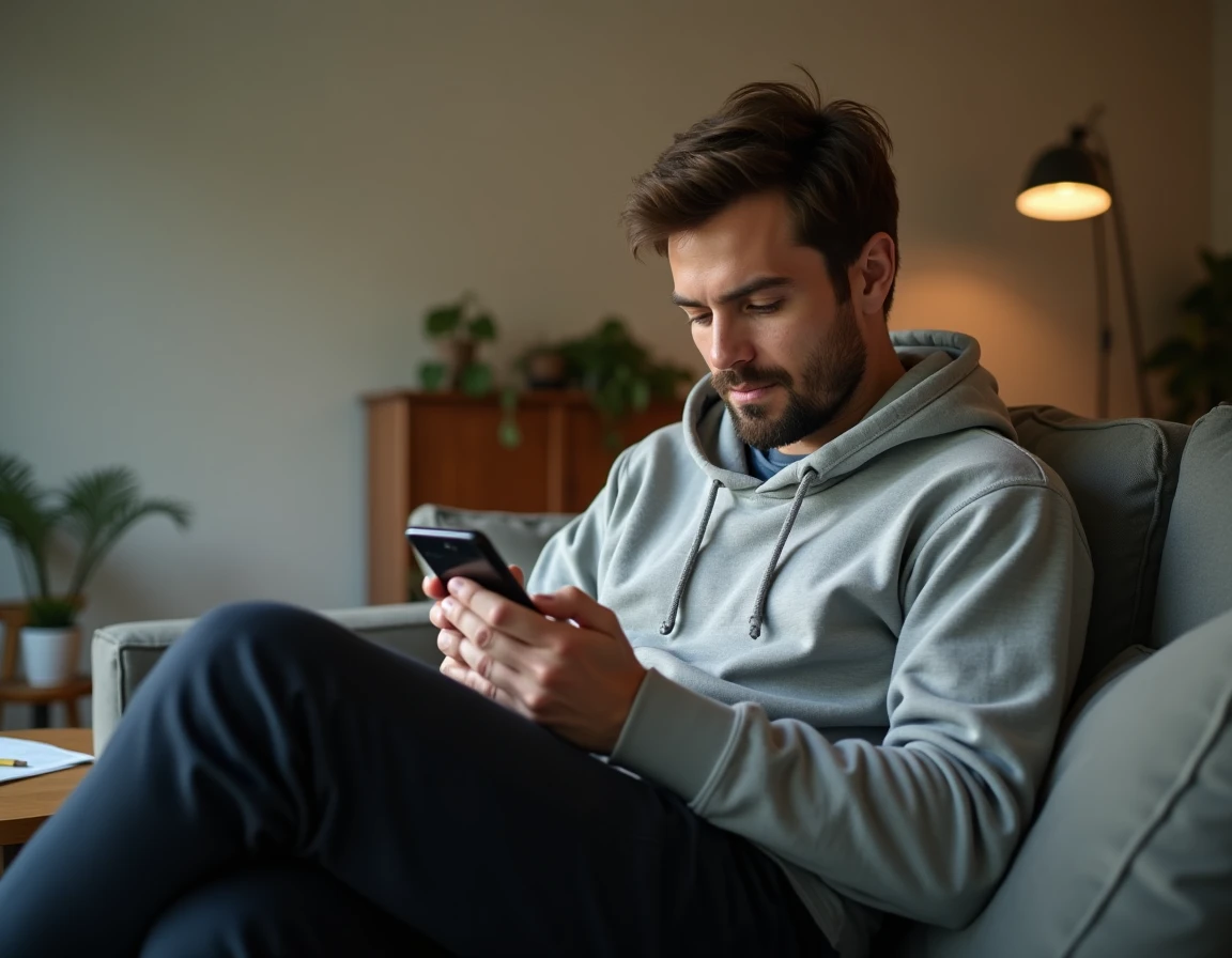 Homme vérifiant le montant net de son RSA sur une application bancaire sur smartphone