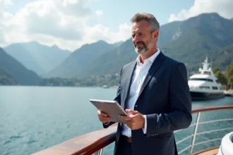 Homme confiant en blazer sur yacht de luxe