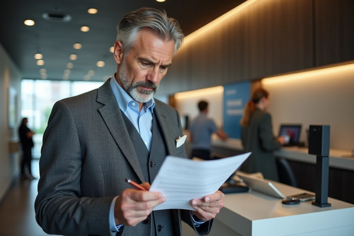 Homme en costume dans une banque vérifiant une lettre