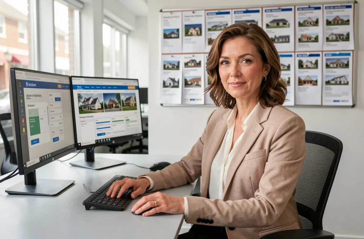 Conseillère d'Immofinances analysant des dossiers de rachat de crédit immobilier dans une agence moderne
