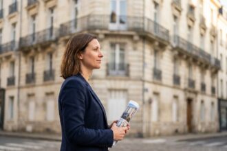 Investisseure immobilière devant une façade en pierre typique de Nantes, tenant des documents de compromis de vente
