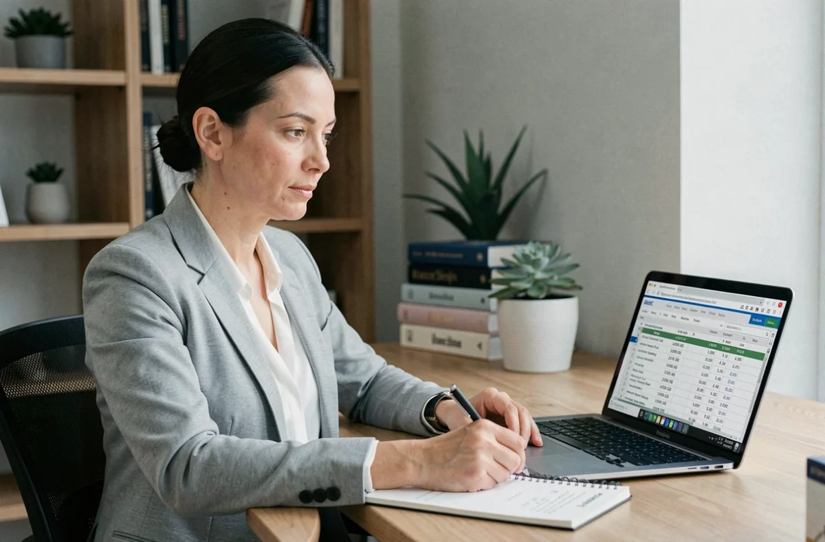 Femme investissant dans des parts de SCPI à crédit depuis son bureau à domicile