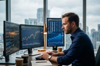 Investisseur averti analysant des graphiques boursiers sur plusieurs écrans dans un bureau à domicile moderne