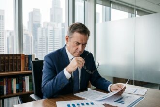 Investisseur averti en costume marine analysant des documents fiscaux liés à la loi Girardin industriel dans un bureau exécutif moderne