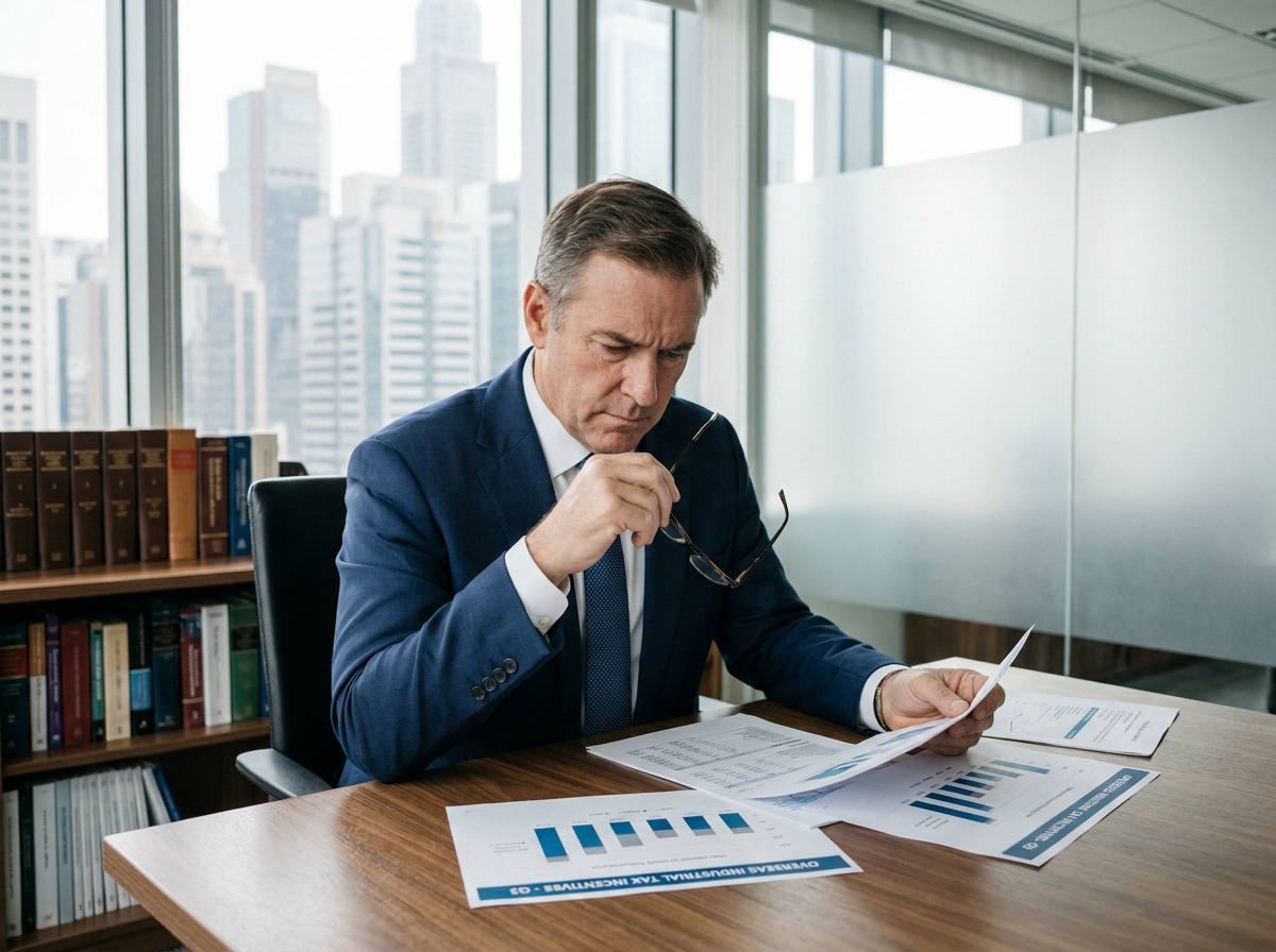 Investisseur averti en costume marine analysant des documents fiscaux liés à la loi Girardin industriel dans un bureau exécutif moderne