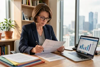 Une investisseuse analyse des documents relatifs à une SCPI diversifiée dans son bureau à domicile