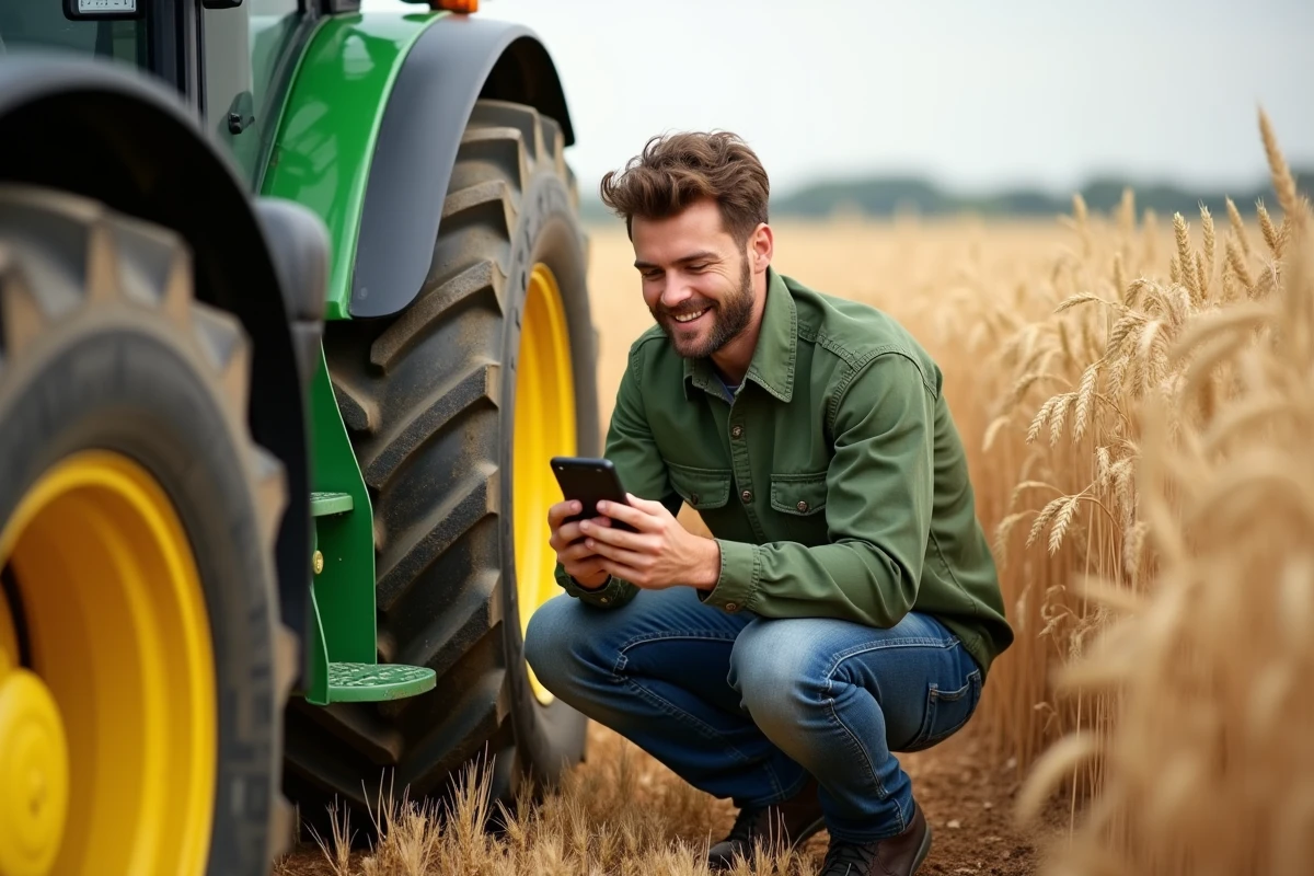 Jeune agriculteur de l'Aveyron vérifiant son application bancaire Crédit Agricole près de son tracteur dans un champ de blé