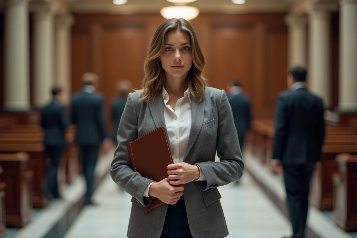 Jeune avocate dans un couloir de tribunal avec dossier