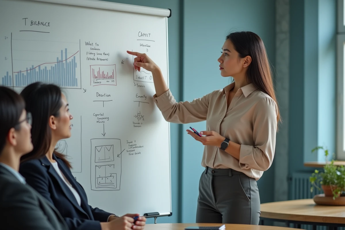 Jeune comptable pointant un graphique sur tableau blanc dans bureau