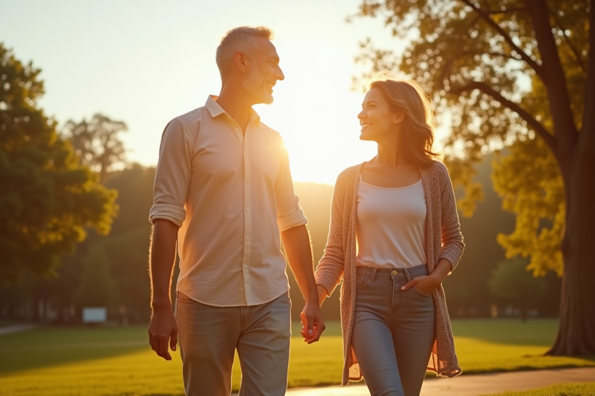 Jeune couple marchant dans un parc en fin d
