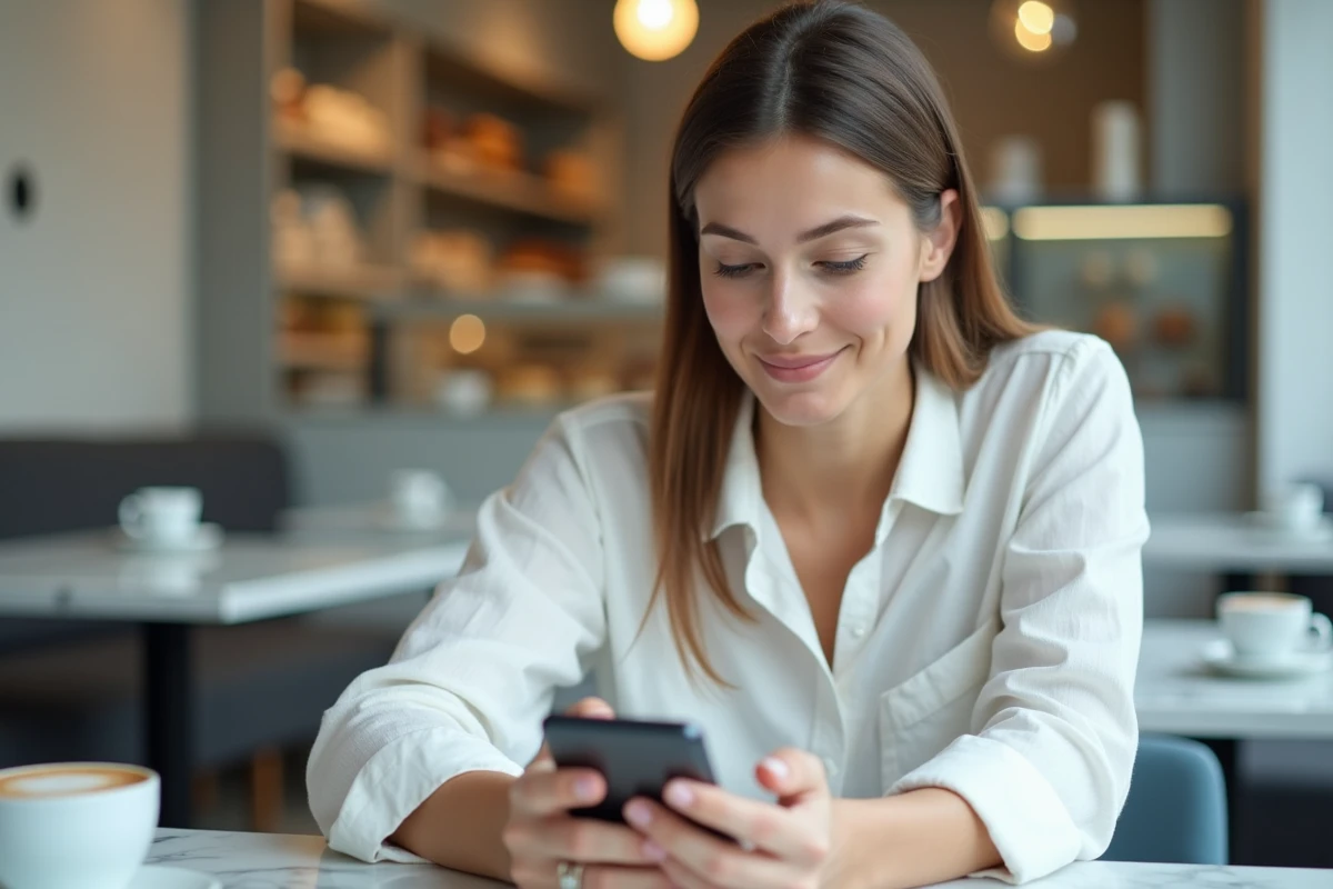 Jeune femme vérifiant son compte bancaire CA56 sur application mobile dans un café