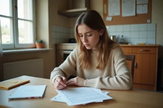Jeune femme vérifiant un formulaire APL à la table de sa cuisine avec des documents administratifs éparpillés