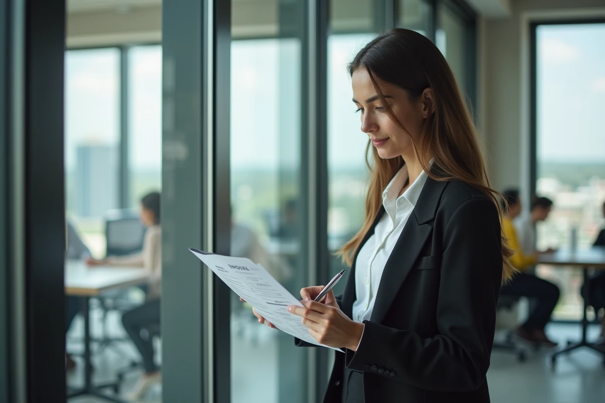Jeune femme vérifiant une facture dans un espace de coworking