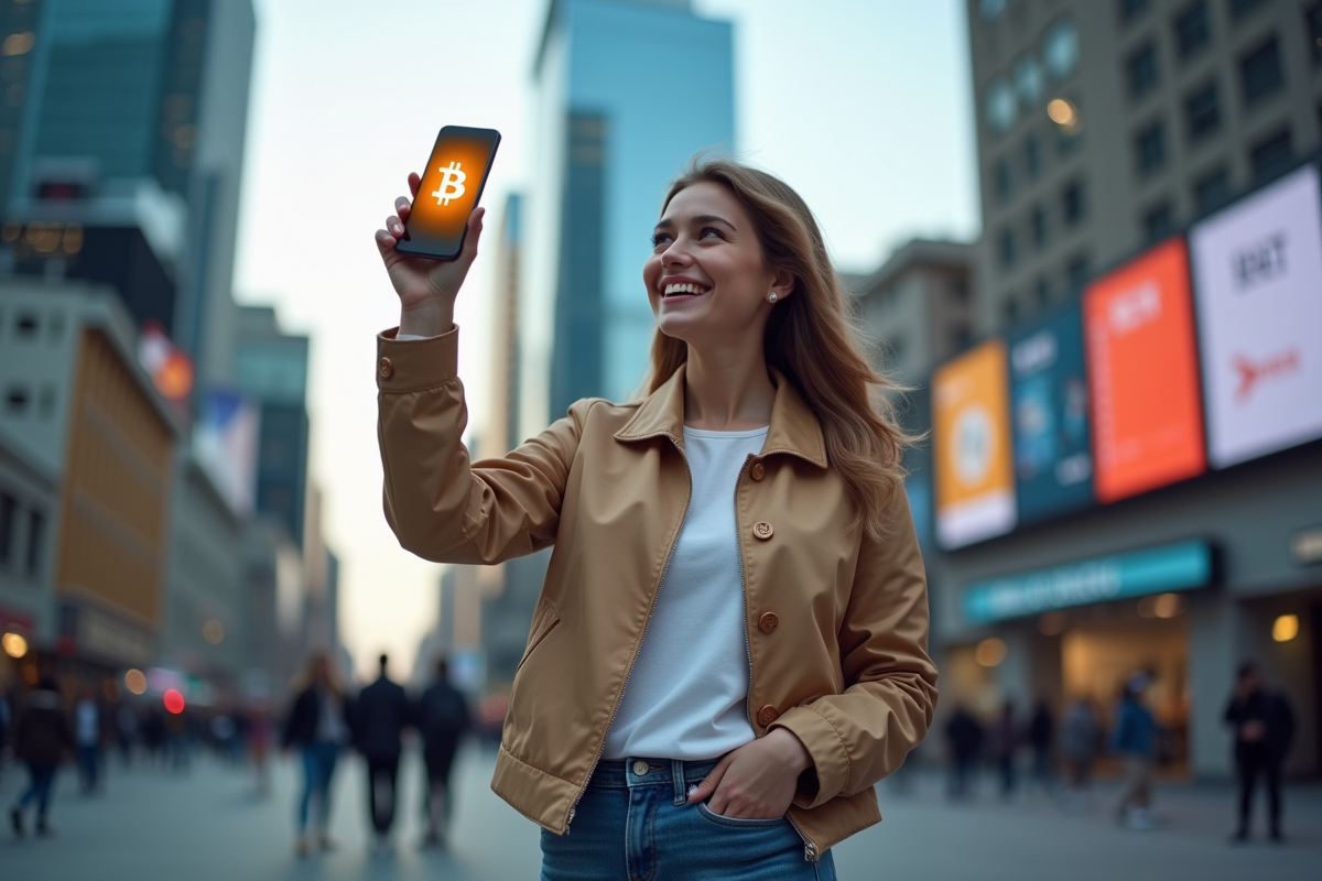 Jeune femme souriante tient un smartphone avec symbole bitcoin