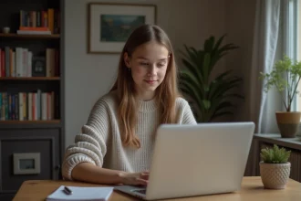 Jeune fille de 16 ans utilisant son ordinateur pour la banque en ligne