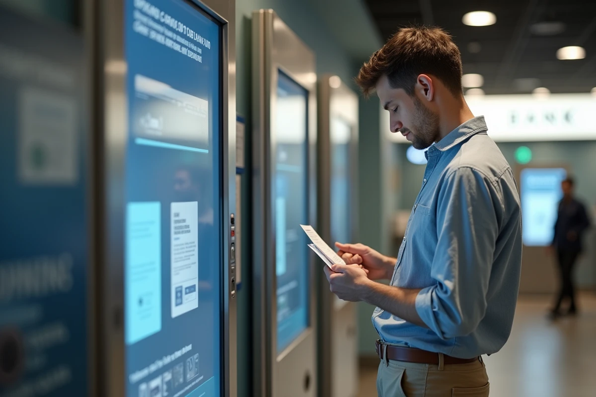 Jeune homme consulte un avis sur un distributeur automatique