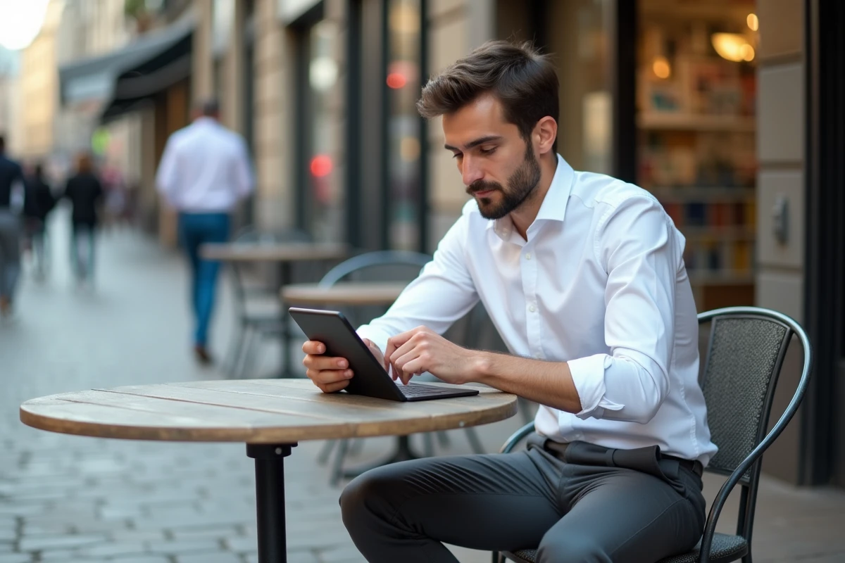 Jeune homme vérifiant ses finances sur une tablette en extérieur