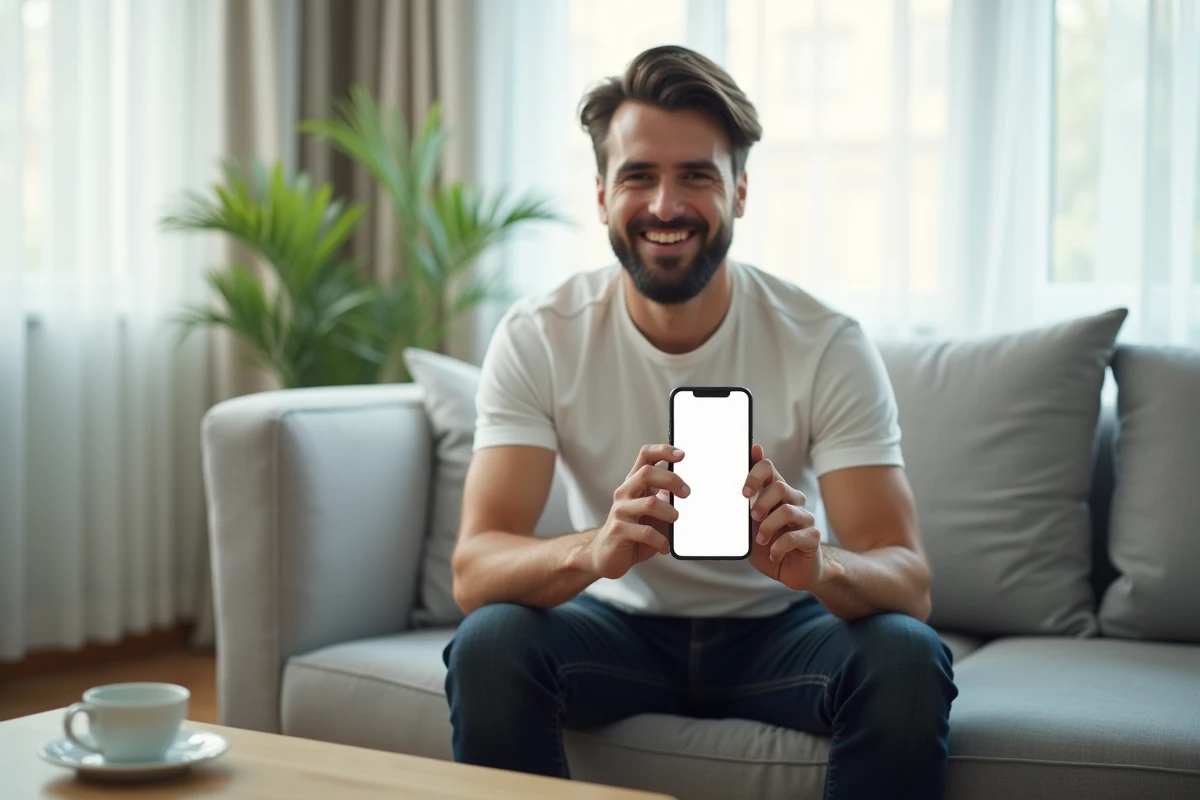 Jeune homme souriant tenant un smartphone avec une confirmation de crédit approuvé dans son salon