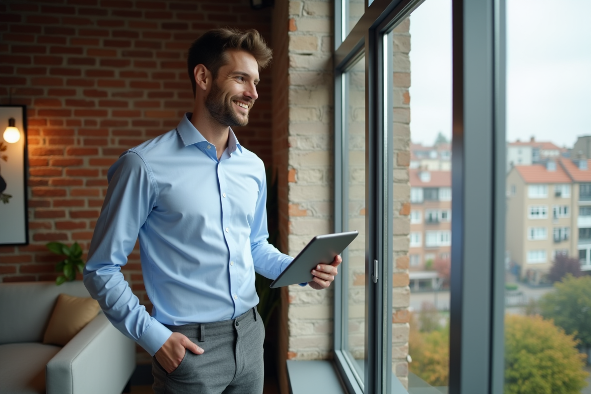 Jeune homme regardant des chiffres de location dans un appartement