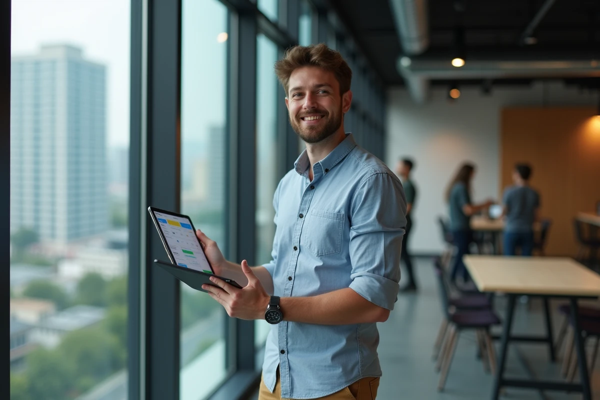 Jeune homme avec tablette montrant une facture dans un espace partagé