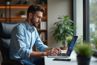 Jeune homme regardant un portefeuille numérique sur son ordinateur