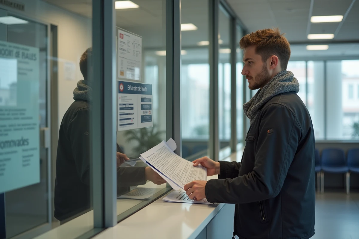 Jeune homme remettant un dossier dans une administration