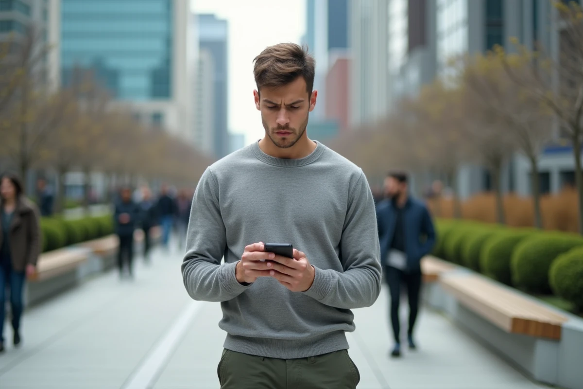 Jeune homme dans une place urbaine utilise son smartphone