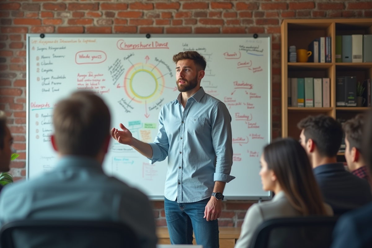 Jeune homme expliquant diagrammes DAX devant tableau blanc