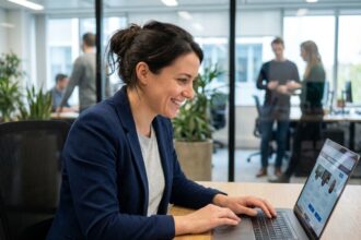 Jeune femme professionnelle souriante au bureau moderne