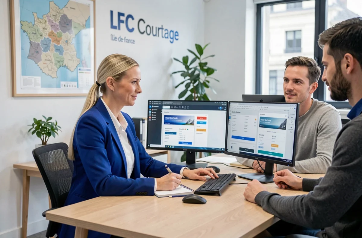 Une conseillère de LFC Courtage compare des offres de prêt sur double écran aux côtés d'un couple client dans un bureau régional lumineux au style scandinave.