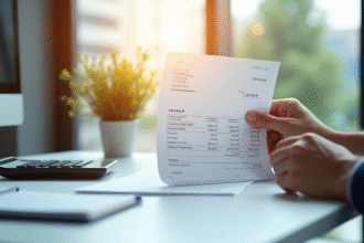 Mains tenant une fiche de paie dans un bureau lumineux