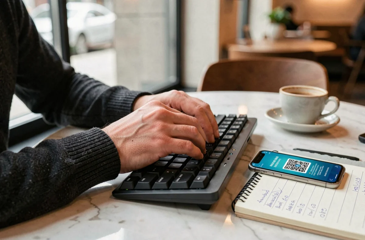 Mains d'un freelance tapant au clavier avec un QR code de portefeuille blockchain sur smartphone et notes de facturation manuscrites