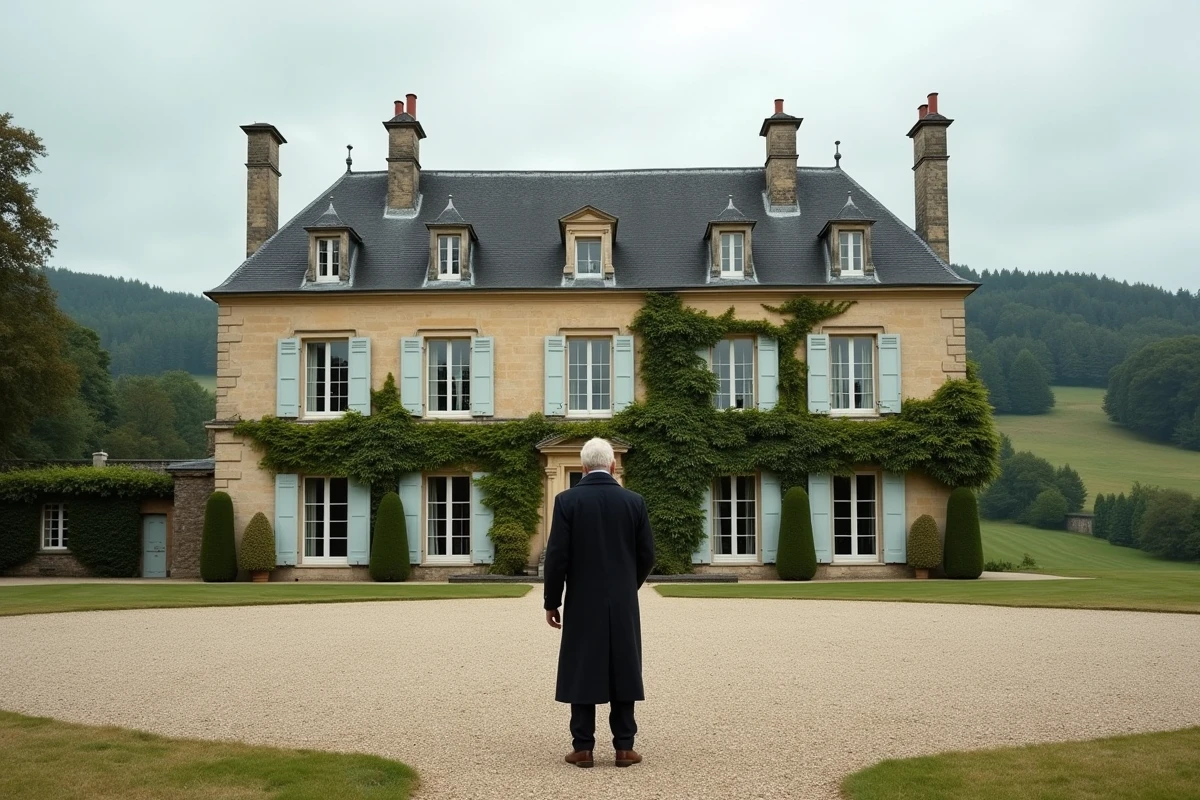 Homme en manteau sombre devant un manoir en pierre français symbolisant patrimoine et fortune personnelle