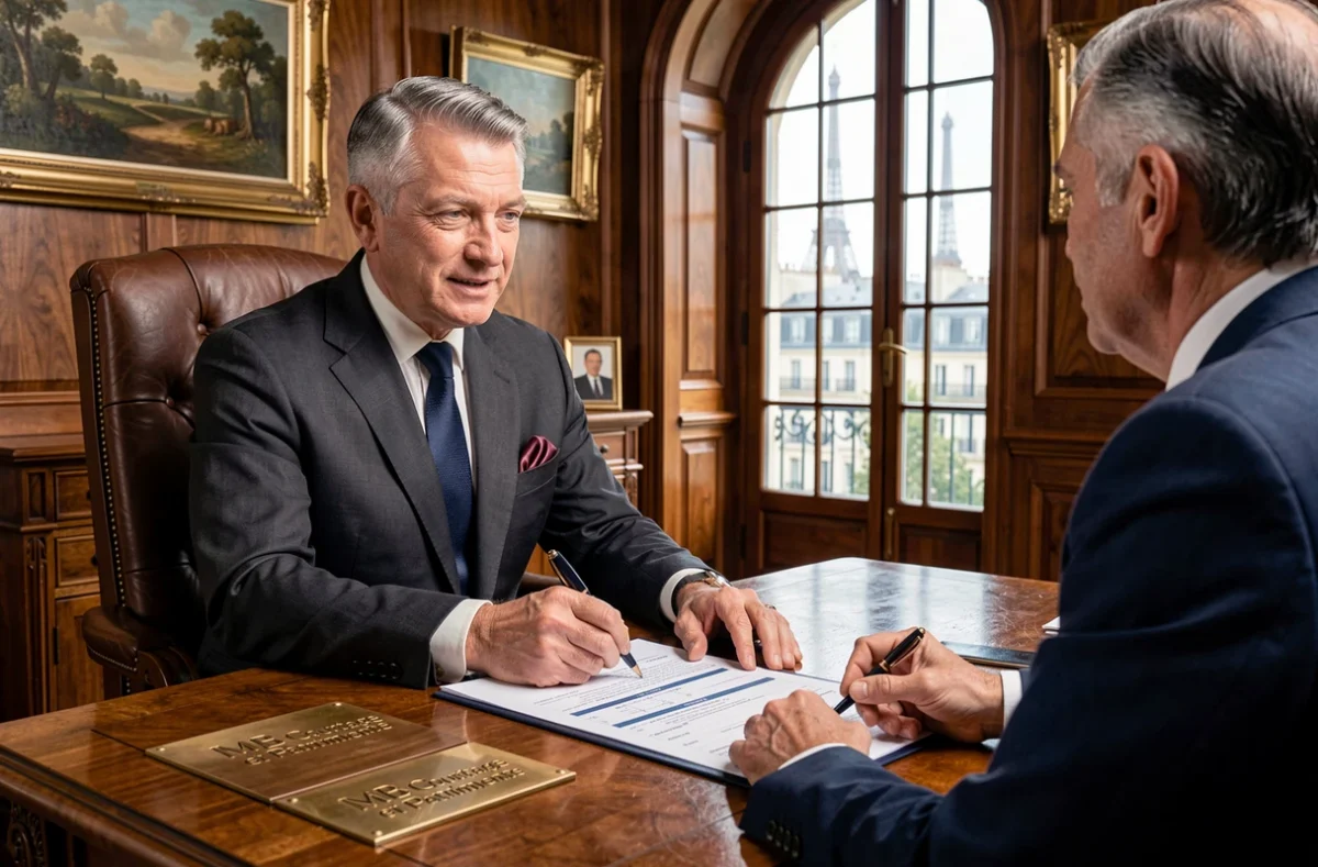 Un conseiller en patrimoine de MB Courtage et Patrimoine annote un dossier de prêt et d'investissement dans un bureau privé élégant avec boiseries et décor parisien.