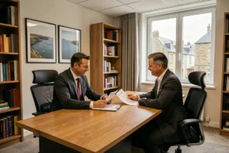 Deux conseillers en gestion de patrimoine en consultation dans un bureau moderne des Côtes-d'Armor