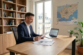 Un courtier immobilier professionnel en costume marine travaille dans un bureau parisien moderne avec vue sur les toits haussmanniens, illustrant le classement des meilleurs courtiers en crédit immobilier en Île-de-France.