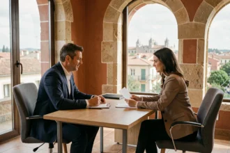 Un conseiller financier en Occitanie présentant des options de rachat de crédit à un couple dans un bureau moderne