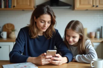 Mère et fille adolescente consultant l'application Pixpay ensemble dans une cuisine moderne