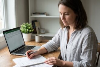 Micro-entrepreneuse analysant ses comptes et ses documents de gestion dans un bureau à domicile bien organisé