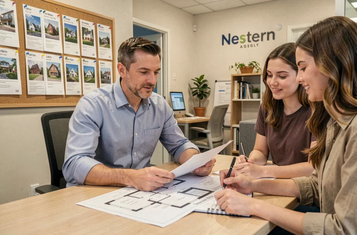 Conseiller Nestenn Plérin présentant des plans immobiliers à des clients dans l'agence