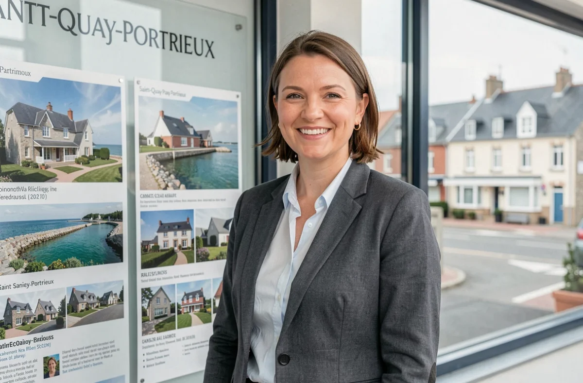 Conseillère Nestenn Saint-Quay-Portrieux devant les annonces immobilières de l'agence en bord de mer