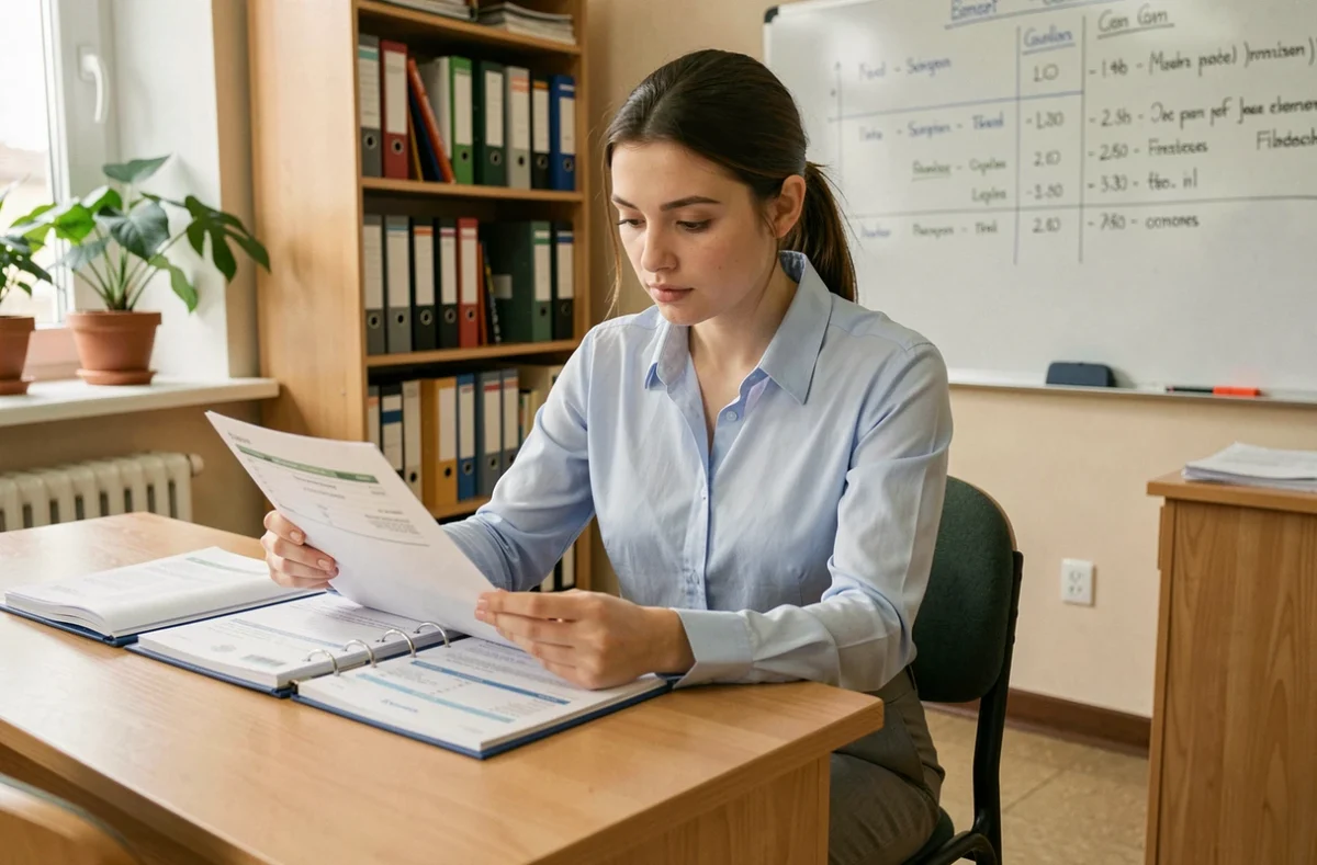 Jeune professeure débutante examinant son calendrier de paie et ses fiches de salaire dans un bureau administratif scolaire