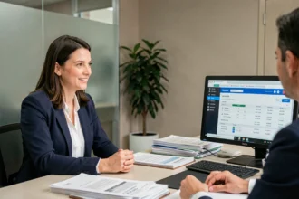 Une femme discute avec un conseiller bancaire CIC lors d'une ouverture de compte dans une agence moderne