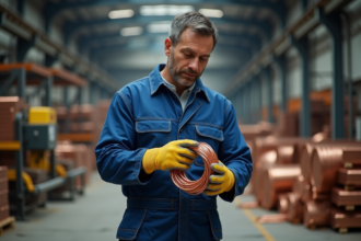 Ouvrier industriel manipulant un fil de cuivre dans l'usine