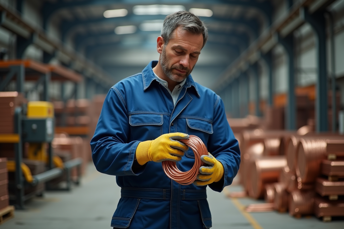 Ouvrier industriel manipulant un fil de cuivre dans l'usine