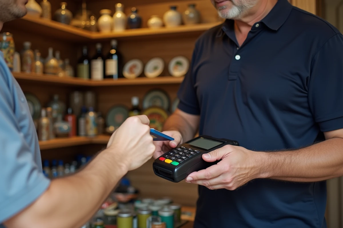 Touriste utilisant une carte bancaire dans une boutique de souvenirs à Athènes en Grèce