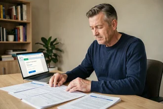 Homme consultant des documents administratifs après un paiement sur le portail des créances publiques