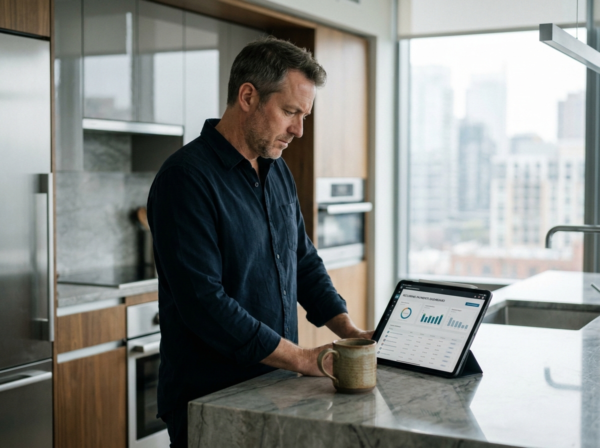 Homme consultant un tableau de bord de paiements récurrents sur une tablette dans une cuisine moderne
